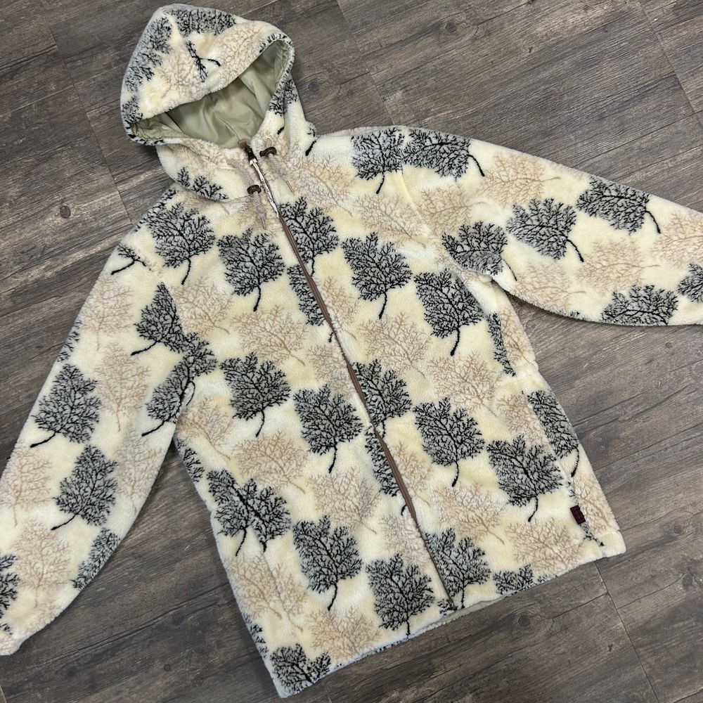 Vintage Woolrich Women Fleece Hooded AOP Leaves Fall Winter Jacket Made In USA